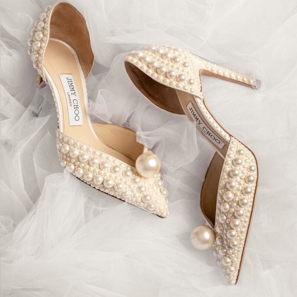 Like new JIMMY CHOO Sabine 85 faux pearl-embellished satin pumps 42 $1,895